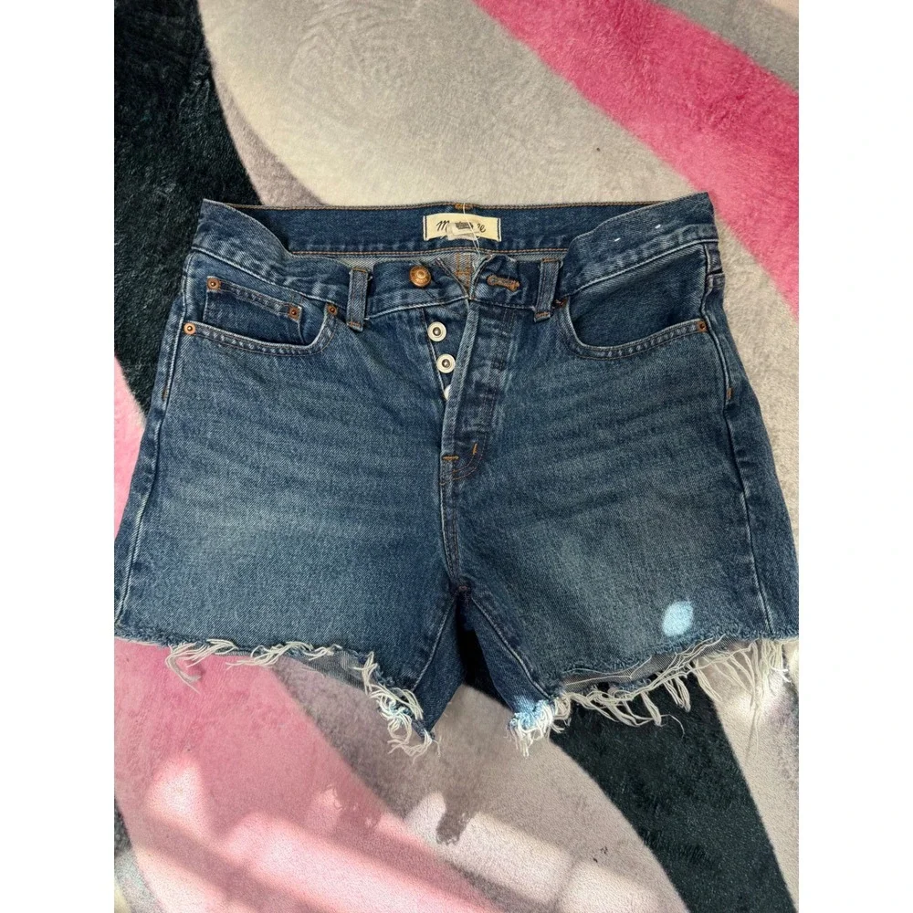 Madewell The Brynn Long Short Denim Cutoff Shorts Blue 25 Button Fly Distressed